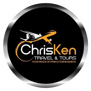 A black and silver circle with the name chrisken travel & tours